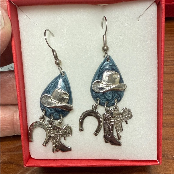 Cowboy Hat and Boot Dangle Earrings - Blue and Silver - Picture 1 of 3